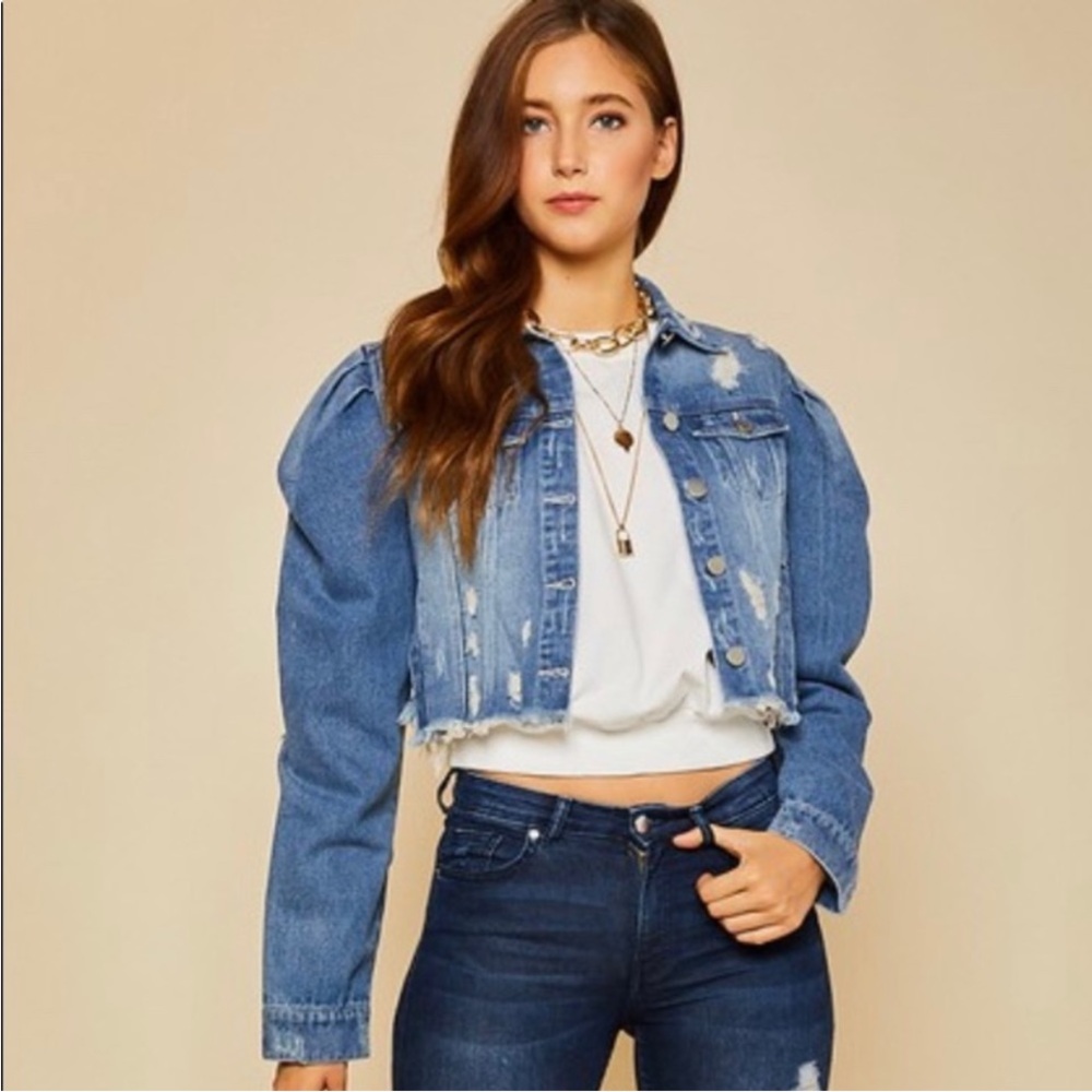 Amber & Aaron Distressed Puff Sleeve Denim Jacket Size Large EUC 634